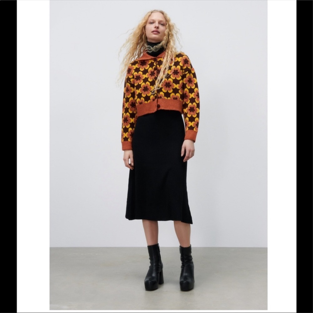 Zara Geometric Knit Jacquard Floral Cardigan Sweater